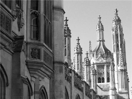 black and white image of the stylish spires of the school